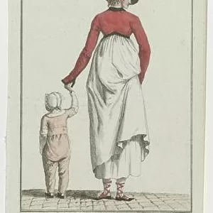 Woman with child in hand. Hat, behind pleated, decorated with flowers, "demi-garland. Spencer trimmed with velvet