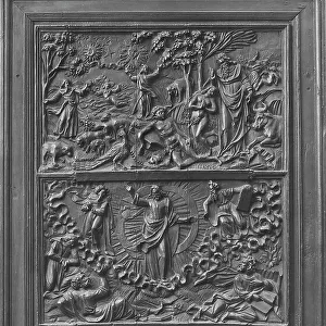 Carved panel depicting scenes of Faith in action. The work, taken from the Abbey of Saint Ricquier, formerly in the Muse du Moyen-Age de Cluny, is now preserved in the Muse de la Renaissance, Ecouen