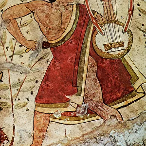 Citharist; detail of a wall painting with scenes of dancers and musicians, from the Tomb of the Leopards, in the Necropolis of Tarquinia