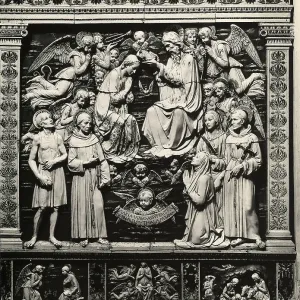 The Coronation of the Virgin Mary. Enamelled terracotta statue by Andrea della Robbia collocated in the Church of the Osservanza, in the environs of Siena The Coronation of the Virgin Mary. Enamelled terracotta statue by Andrea della Robbia collocated in the Church of the Osservanza, in the environs of Siena