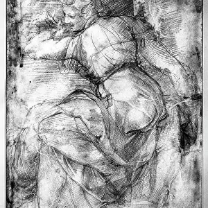 Drawing of Sybil Libica seated with a book and rotating bust on the right. Work Michelangelo preserved in the Room of Drawings and Prints in the Museum of the Uffizi
