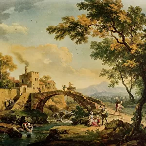 Landscape with Bridge or The Washerwomen, oil on canvas, Vittorio Amedeo Cignaroli (1730-1800), exhibited at the exhibition "Italian Villa in the centuries"in Florence, The Civic Museum of Ancient Art