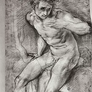 Male nude with his hand to his mouth. Drawing by Pontormo, in the Gabinetto dei Disegni e delle Stampe, at the Uffizi Gallery, in Florence