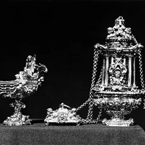 Small boats and censers in gilded and chiselled silver. Work of a goldsmith preserved in the Museum of the Basilica of St. Petronio in Bologna