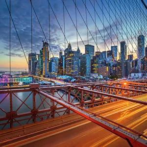 New York City, Brooklyn Bridge, Lower Manhattan views seen through suspension wire