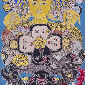 Golden Faces, Fiery Masks Print: Spiritual Powers in Balance