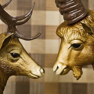 Head of a Deer and Ibex Print, Intimate Animal Encounter Head of a Deer and Ibex Print, Intimate Animal Encounter
