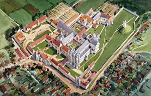 Aerial view reconstruction drawing, St Augustines Abbey J920596 Aerial view reconstruction drawing, St Augustines Abbey J920596