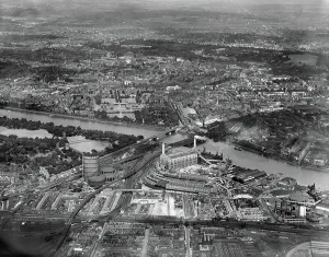 Prints of EPW059348 ENGLAND (1938). Battersea Power Station, Victoria Bridge and the city, Nine Elms, from the south-east, 1938 Aerial Views of England - Landscapes, Cities and Heritage from Above: Battersea Power Station Print, 1938