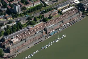 Prints of Chatham Historic Dockyard, Kent. Once one of the Royal Navys main facilities, the dockyard is now a maritime museum. The Ropery, shown here, is a Grade I listed building England from the Air - Landscapes, Cities and Heritage: Chatham Dockyard Print: The Ropery Building