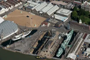 Prints of Chatham Historic Dockyard, Kent. Once one of the Royal Navys main facilities, the dockyard is now a maritime museum England from the Air - Landscapes, Cities and Heritage: Chatham Historic Dockyard Print - Aerial View of Ships