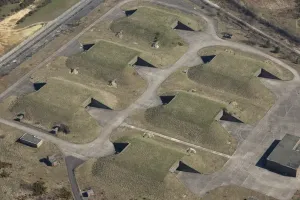 Prints of GAMA Complex, Greenham Common, West Berkshire. Former USaF munitions storage bunkers at the Ground Launched Cruise Missile Alert and Maintenance Area England from the Air - Landscapes, Cities and Heritage: Greenham Common Print: USAF Munitions Storage Bunkers
