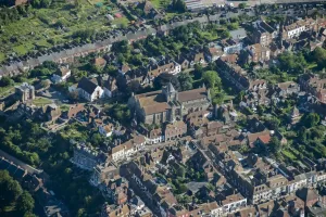 Prints of Rye, East Sussex. Rye is one of the Cinque Ports that controlled much of the trade in medieval England. The 12th century parish church of St Mary the Virgin photographed in July 2016 England from the Air - Landscapes, Cities and Heritage: Rye Old Town Print: 12th Century St Mary the Virgin Church