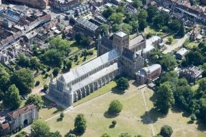 Prints of St Albans Abbey, Hertifordshire. The Abbey church and gatehouse, photographed in July 2015 England from the Air - Landscapes, Cities and Heritage: St Albans Abbey Print: Aerial View of the Church and Gatehouse