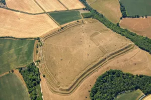Prints of Hod Hill, the earthwork remains of an Iron Age hillfort and a Roman fort, Dorset, 2022 Aerial Views of England - Landscapes, Cities and Heritage from Above: Hod Hill Print: Iron Age and Roman Fort Remains