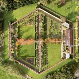 Prints of Vertical aerial view of the walled garden at Ashby Hall. Ashby Hall, Walled Garden, Heath Road, Ashby De La Launde and Bloxholm, North Kesteven, Lincolnshire Aerial Views of England - Landscapes, Cities and Heritage from Above: Vertical Aerial View of Walled Garden Print