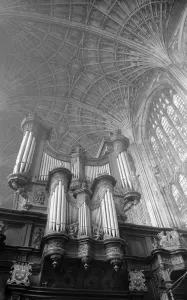 Print of Kings College Chapel interior featuring the organ