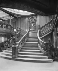 Prints of RMS OLYMPIC, White Star Line. First class companion, A deck. Interior view of the stairway to first class entrance on boat deck Iconic Photographers of England - Historic Image Collections: Print of RMS Olympic interior, showing first-class stairway on A deck