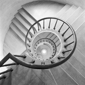 Prints of CENTRAL CRIMINAL COURT, Old Bailey, City of London. Overhead interior detail looking down through the centre of a winding staircase in the south wing. John Gay, 1975 Iconic Photographers of England - Historic Image Collections: Spiral Staircase Print, Central Criminal Court