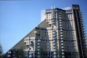 Prints of Cascades, Westferry Road, Isle of Dogs, Tower Hamlets, Greater London. The east elevation of Cascades, a Post-Modern tower block with a sloping profile on the Isle of Dogs Architecture in England - Historic and Modern Buildings: Print of East Elevation, Cascades Tower Block