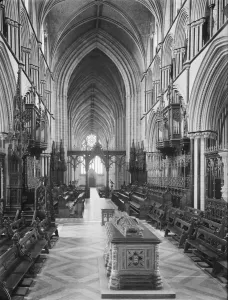 Prints of Worcester Cathedral. Looking west through the choir, showing the tomb of King John. Photographed 1920-1949 West Midlands Prints: Worcester Cathedral Print, Medieval Architecture