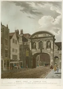 Print of Temple Bar, a coloured engraving showing the Westminster side