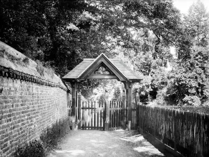 Victorian Architecture - Buildings, Streets and Landmarks: Print of Victorian-era wooden lych gate at Sonning Church