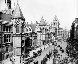 Victorian Architecture - Buildings, Streets and Landmarks: Print of the Royal Courts of Justice, a Gothic Revival building in London