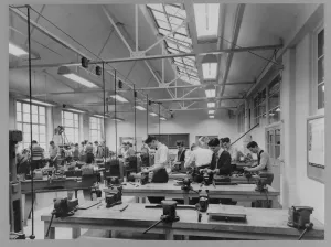 Prints of Carlisle Technical College, Strand Road, Carlisle, Cumbria. A class of young men in an engineering workshop at Carlisle Technical College Then and Now England - Historic Change Over Time: Print of Carlisle Technical College engineering workshop