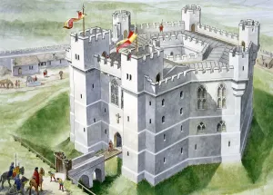 Print of Old Wardour Castle in medieval aerial view