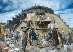 Prints of TOTNES CASTLE, Devon. Reconstruction drawing by Ivan Lapper showing the castle being rebuilt in stone in the 14th century Engineering And Construction Prints: Totnes Castle Print: 14th-century stone reconstruction drawing