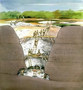 Prints of GRIMES GRAVES, Norfolk. 1994 cutaway reconstruction drawing of Prehistoric flint mining by Terry Ball (English Heritage Graphics Team). Recent evidence suggests that ladders may not have been used Engineering And Construction Prints: Grimes Graves Prehistoric Flint Mining Print