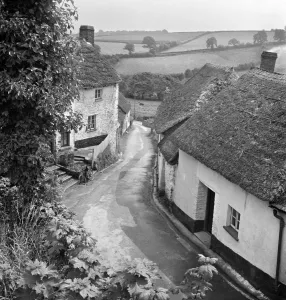 Prints of A view from an elevated position over an unidentified village lane, showing small whitewashed and thatched cottages either side of the road and a rural landscape of fields beyond House And Home Prints: Print of a Devon or Somerset village scene, circa 1955-1965