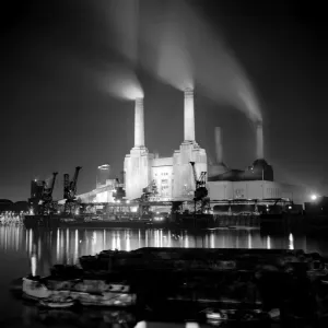Iconic Photographers of England - Historic Image Collections: Battersea Power Station Print, a night view from the River Thames