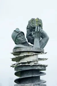 Prints of Anderton Shearer Mining Memorial, 1963-5, bronze sculpture by Arthur Fleischmann. Originally sited as a fountain at The National Coal Board, Anderton House, Lowton, Lancashire Industry and Agriculture in England - Factories, Farming and Production: Print of a bronze sculpture depicting Anderton Shearer Mining Memorial