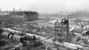 Prints of Festival of Britain, South Bank, Lambeth, London. General view of the upstream section of the 1951 Festival of Britain site under construction. Photographed in December 1949 Engineering And Construction Prints: Print of the 1951 Festival of Britain site under construction