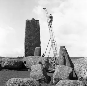 Print of Stonehenge showing a photographer's ladder, 1954