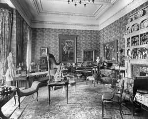 Prints of Holmestead, North Mossley Hill Road, Liverpool. Interior of the music room, with a harp and grand piano displaying many elements of the Arts and Crafts movement House And Home Prints: Arts and Crafts Interior Print BL16685
