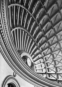 Victorian Architecture - Buildings, Streets and Landmarks: Print of Leeds Corn Exchange interior detail showing domed roof with clock