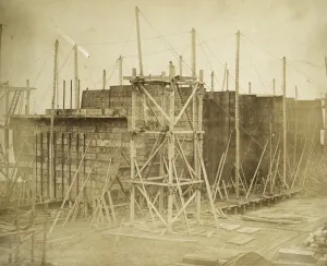 Prints of Millwall, London. Isambard Kingdom Brunels steamship Great Eastern, built between 1854 and 1858, was by far the largest ship of her time with a gross tonnage of 18, 915 Engineering And Construction Prints: Albumen print of Great Eastern under construction at Millwall, London