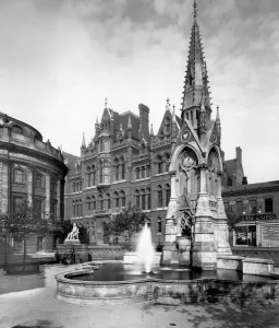 Prints of CHAMBERLAIN SQUARE, Birmingham, West Midlands. This civic fountain was erected in 1880 by public subscription in gratitude for Joseph Chamberlains time as mayor (1873-6) Iconic Photographers of England - Historic Image Collections: Chamberlain Square Print, Birmingham
