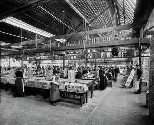 The Victorian Age Prints: Print of Port Sunlight soap factory interior, workers packing rectangular boxes