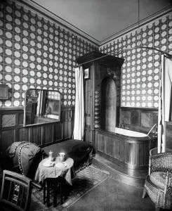 Prints of 28 ASHLEY PLACE, Westminster, London. The bathroom, interior design by H and J Cooper. The image was commissioned by the lady of the house. Photographed by H Bedford Lemere in August 1893 House And Home Prints: Victorian Bathroom Interior Print, 1893