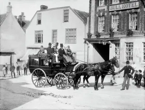 Print of a Horse-Drawn Bus in Burford, Oxfordshire