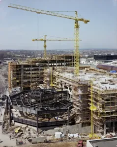 Prints of Basildon, Essex. The Eastgate Centre under construction, photographed in April 1984. Two tower cranes are in place Engineering And Construction Prints: Print of Eastgate Centre under construction, Basildon, April 1984