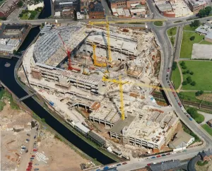 Prints of National Indoor Arena, King Edwards Road, Birmingham. Construction in progress, photographed in July 1990 Engineering And Construction Prints: National Indoor Arena Construction Print, July 1990