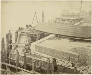Prints of Limehouse Basin, Tower Hamlets, London. Construction of the expanded Limehouse Basin in May 1869. Photographic print by Lucas and Tuck showing details of the work Engineering And Construction Prints: Limehouse Basin Construction Print, 1869
