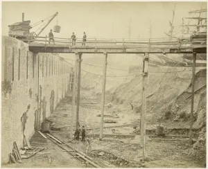 Prints of Limehouse Basin, Tower Hamlets, London. Construction of the expanded Limehouse Basin in May 1869. Photographic print by Lucas and Tuck showing details of the work Engineering And Construction Prints: Limehouse Basin Construction Print, 1869