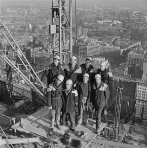 Prints of Cromwell Tower, Silk Street, Barbican, City of London Engineering And Construction Prints: Print of a team photo on the roof of Cromwell Tower, Barbican