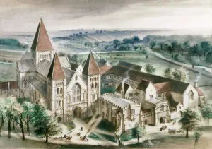 Prints of CASTLE ACRE PRIORY, Norfolk. Reconstruction drawing as it might have appeared in 1537 by Alan Sorrell Castle Prints: Castle Acre Priory Print: 1537 Reconstruction Drawing